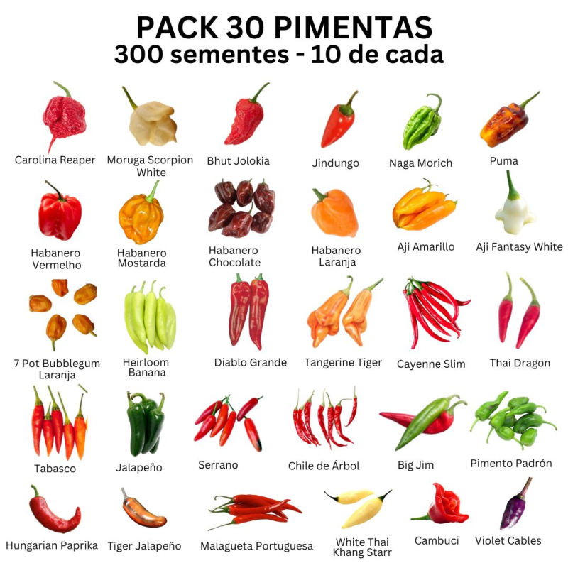 PACK 30 Pimentas 300 sementes 10 de cada