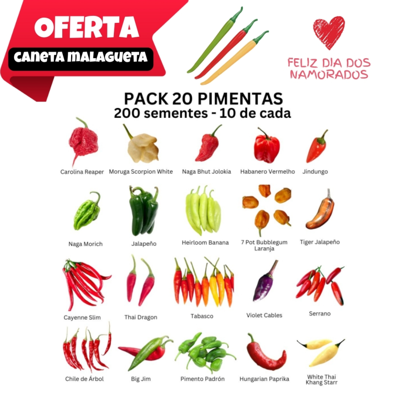 PACK 20 Pimentas 200 sementes 10 de cada