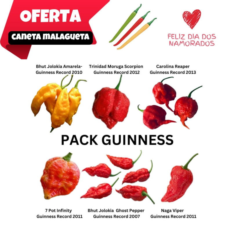 PACK 6 GUINNESS Reaper, Scorpion, 7 Pot, Jolokia Vermelha e Amarela - 60 sementes