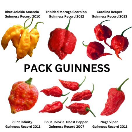 PACK 6 SUPERHOT de GUINNESS: Reaper, Scorpion, 7 Pot, Jolokia, Jolokia Amarela - 60 sementes