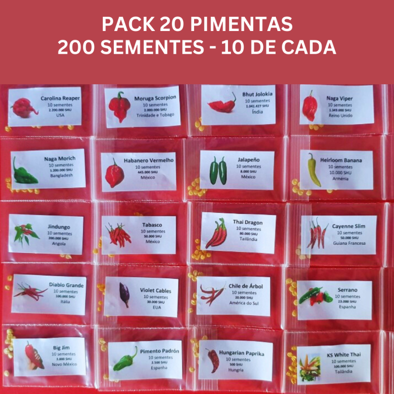 Pack de 20 Malaguetas 200 Sementes Carolina Reaper Scorpion Bhut Jolokia Pimentas Nucleares