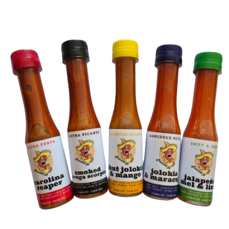 Pack 5 molhos picantes carolina reaper moruga scorpion jolokia jalapeno