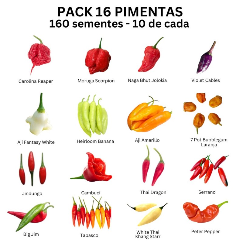 Pack de 16 malaguetas 160 sementes Carolina Reaper Moruga Scorpion Amarela Bhut Jolokia Pack de 16 variedades de malaguetas